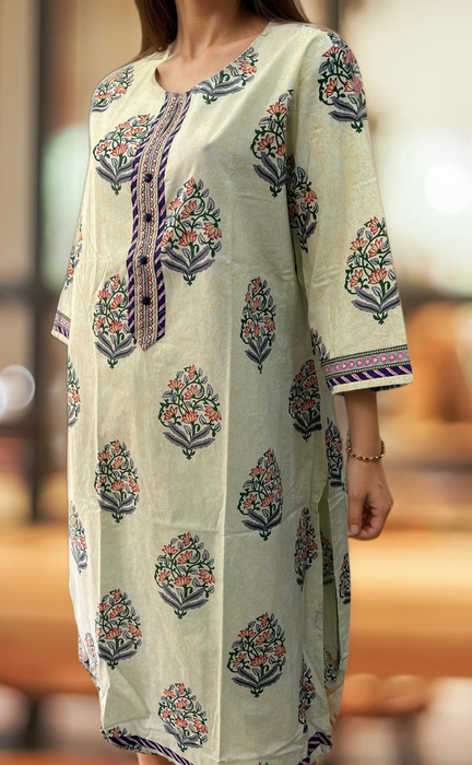 Off White/Purple Jaipuri Cotton Kurti. Pure Versatile Cotton. | Laces and Frills