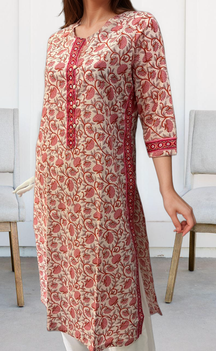 Off White/Pink Floral Jaipuri Cotton Kurti. Pure Versatile Cotton. | Laces and Frills