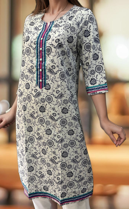 White/Navy Blue Garden Jaipuri Cotton Kurti. Pure Versatile Cotton. | Laces and Frills