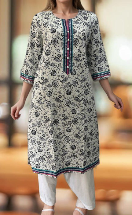 White/Navy Blue Garden Jaipuri Cotton Kurti. Pure Versatile Cotton. | Laces and Frills