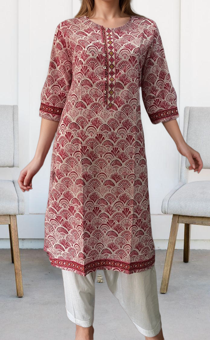 White/Pink Motif Jaipuri Cotton Kurti. Pure Versatile Cotton. | Laces and Frills