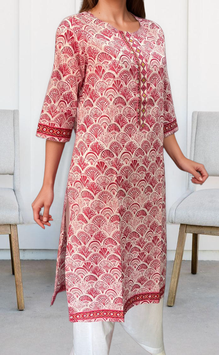 White/Pink Motif Jaipuri Cotton Kurti. Pure Versatile Cotton. | Laces and Frills