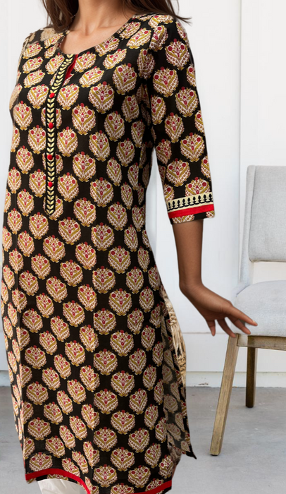 Black/Red Garden Jaipuri Cotton Kurti. Pure Versatile Cotton. | Laces and Frills