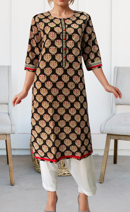 Black/Red Garden Jaipuri Cotton Kurti. Pure Versatile Cotton. | Laces and Frills