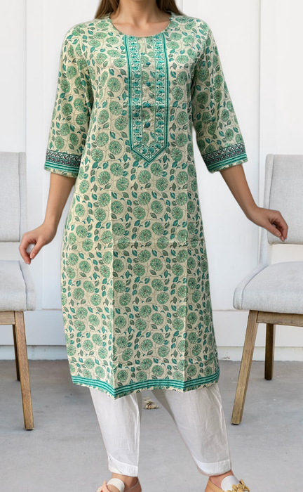 Off White/Sea Green Garden Jaipuri Cotton Kurti. Pure Versatile Cotton. | Laces and Frills