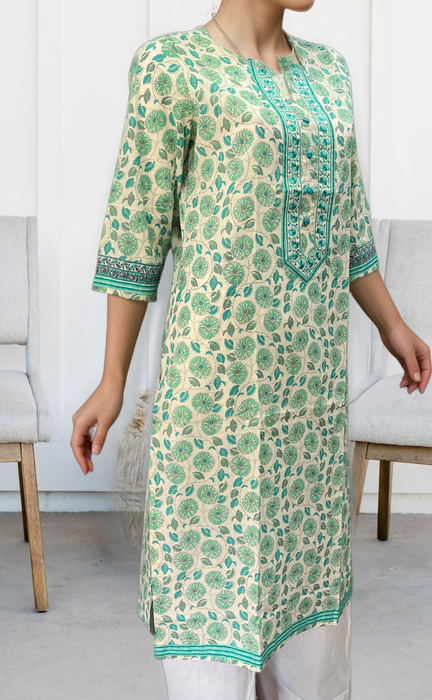 Off White/Sea Green Garden Jaipuri Cotton Kurti. Pure Versatile Cotton. | Laces and Frills