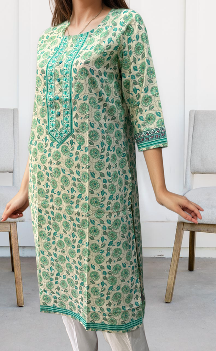 Off White/Sea Green Garden Jaipuri Cotton Kurti. Pure Versatile Cotton. | Laces and Frills