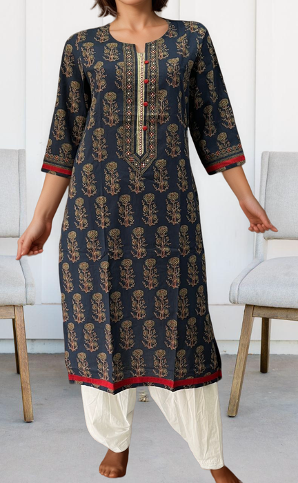 Navy Blue Ajrakh Print Jaipuri Cotton Kurti. Pure Versatile Cotton. | Laces and Frills