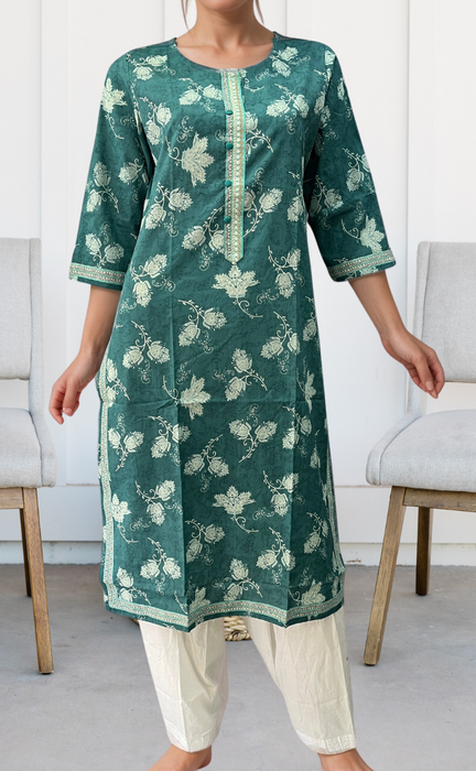 Teal Green Garden Jaipuri Cotton Kurti. Pure Versatile Cotton. | Laces and Frills