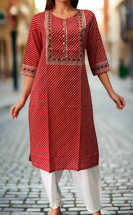 Red Lehariya Jaipuri Cotton Kurti. Pure Versatile Cotton. | Laces and Frills