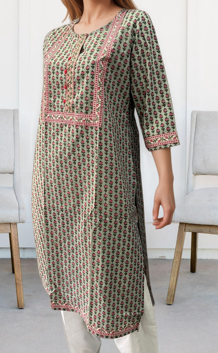 Light Green Flora Jaipuri Cotton Kurti. Pure Versatile Cotton. | Laces and Frills