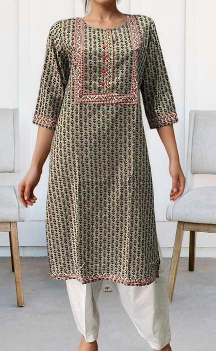 Light Green Flora Jaipuri Cotton Kurti. Pure Versatile Cotton. | Laces and Frills