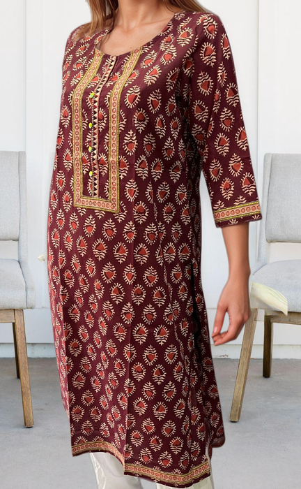 Maroon Flora Motif Jaipuri Cotton Kurti. Pure Versatile Cotton. | Laces and Frills