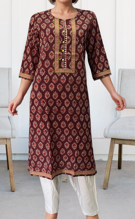 Maroon Flora Motif Jaipuri Cotton Kurti. Pure Versatile Cotton. | Laces and Frills