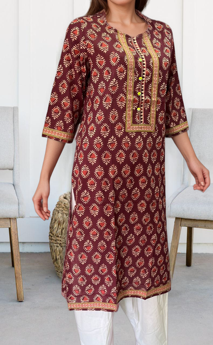 Maroon Flora Motif Jaipuri Cotton Kurti. Pure Versatile Cotton. | Laces and Frills