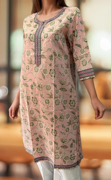 Light Pink/Green Flora Motif Jaipuri Cotton Kurti. Pure Versatile Cotton. | Laces and Frills