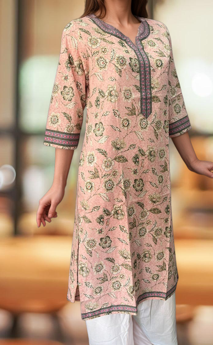 Light Pink/Green Flora Motif Jaipuri Cotton Kurti. Pure Versatile Cotton. | Laces and Frills