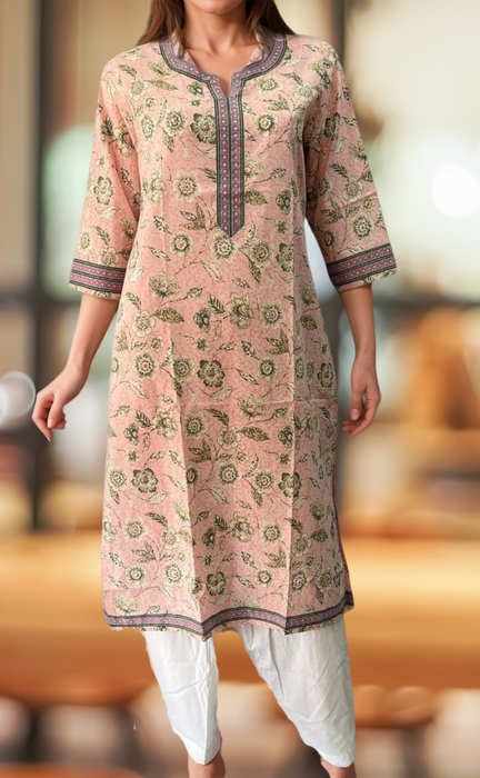 Light Pink/Green Flora Motif Jaipuri Cotton Kurti. Pure Versatile Cotton. | Laces and Frills