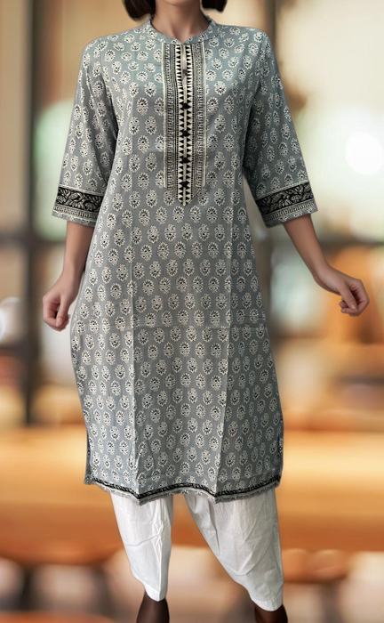 Grey/Black Floral Jaipuri Cotton Kurti. Pure Versatile Cotton. | Laces and Frills