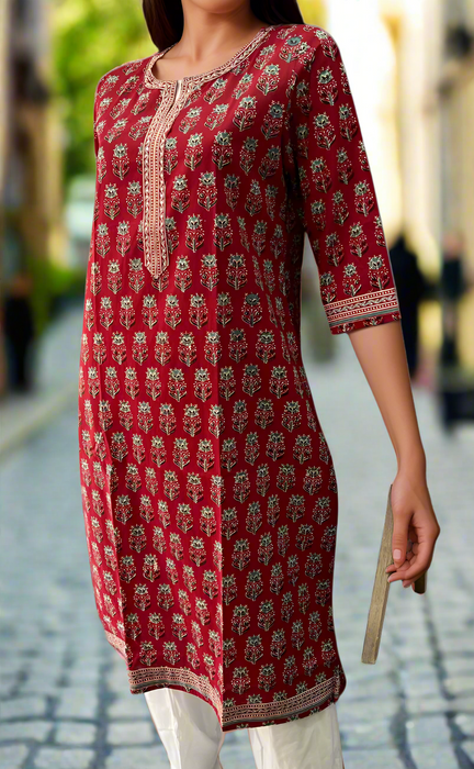 Maroon Floral Jaipuri Cotton Kurti. Pure Versatile Cotton. | Laces and Frills