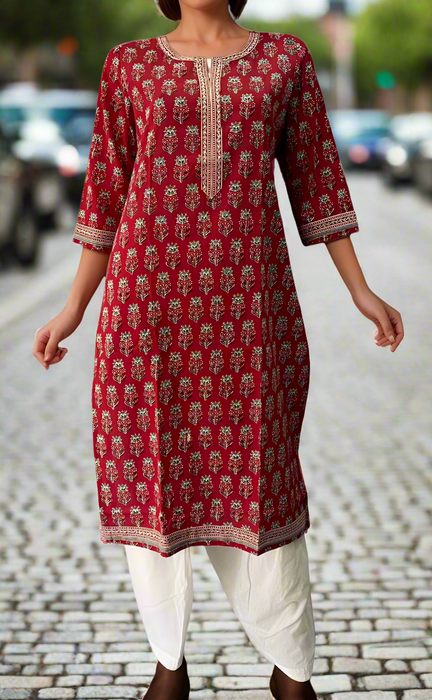 Maroon Floral Jaipuri Cotton Kurti. Pure Versatile Cotton. | Laces and Frills