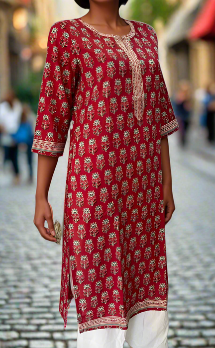 Maroon Floral Jaipuri Cotton Kurti. Pure Versatile Cotton. | Laces and Frills