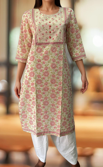 Off White/Pink Tiny Floral Jaipuri Cotton Kurti. Pure Versatile Cotton. | Laces and Frills