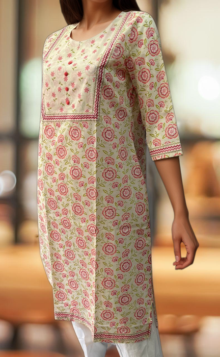 Off White/Pink Tiny Floral Jaipuri Cotton Kurti. Pure Versatile Cotton. | Laces and Frills