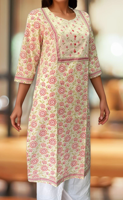 Off White/Pink Tiny Floral Jaipuri Cotton Kurti. Pure Versatile Cotton. | Laces and Frills