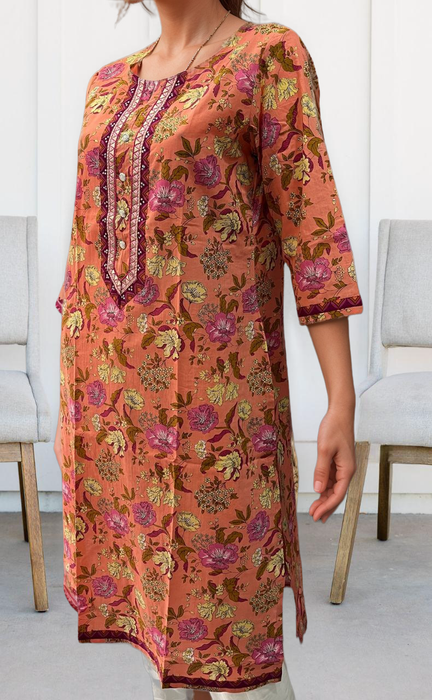 Peach Floral Jaipuri Cotton Kurti. Pure Versatile Cotton. | Laces and Frills