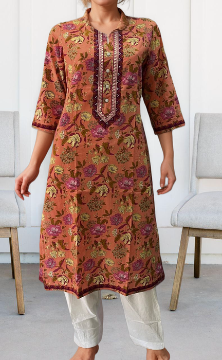 Peach Floral Jaipuri Cotton Kurti. Pure Versatile Cotton. | Laces and Frills