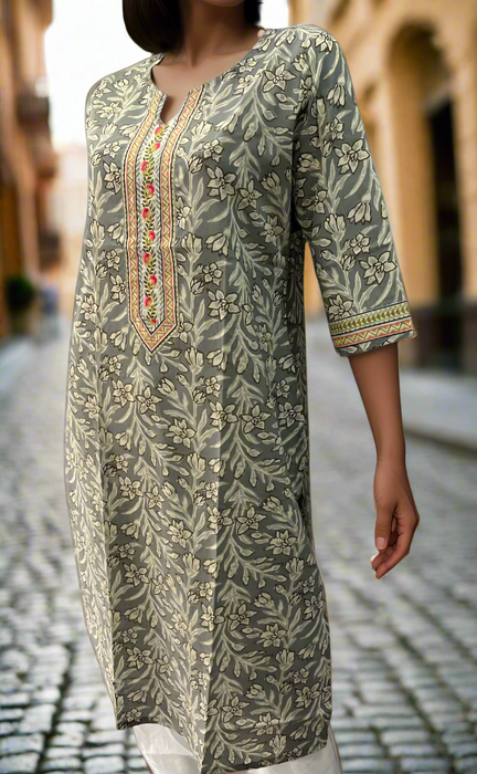 Grey Floral Jaipuri Cotton Kurti. Pure Versatile Cotton. | Laces and Frills