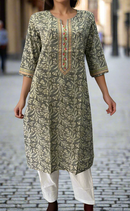 Grey Floral Jaipuri Cotton Kurti. Pure Versatile Cotton. | Laces and Frills