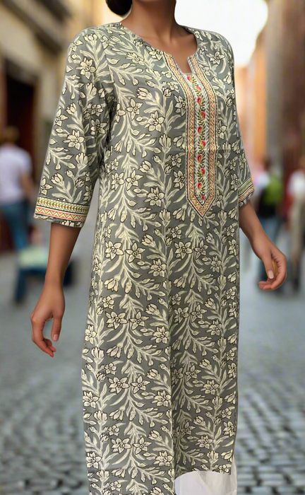 Grey Floral Jaipuri Cotton Kurti. Pure Versatile Cotton. | Laces and Frills