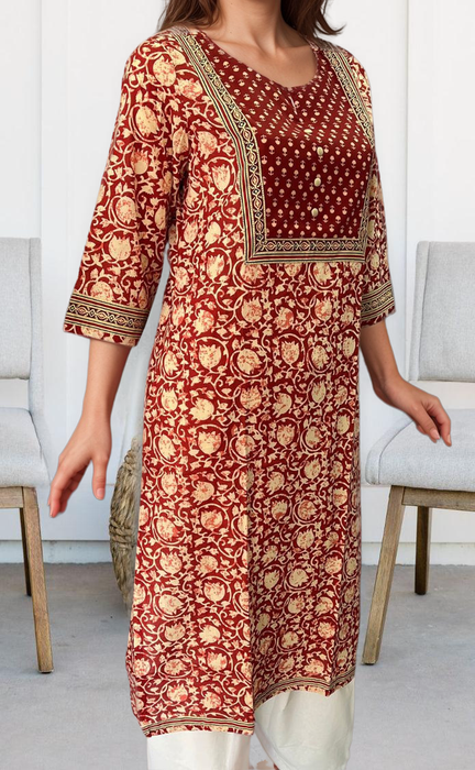 Maroon Floral Jaipuri Cotton Kurti. Pure Versatile Cotton. | Laces and Frills