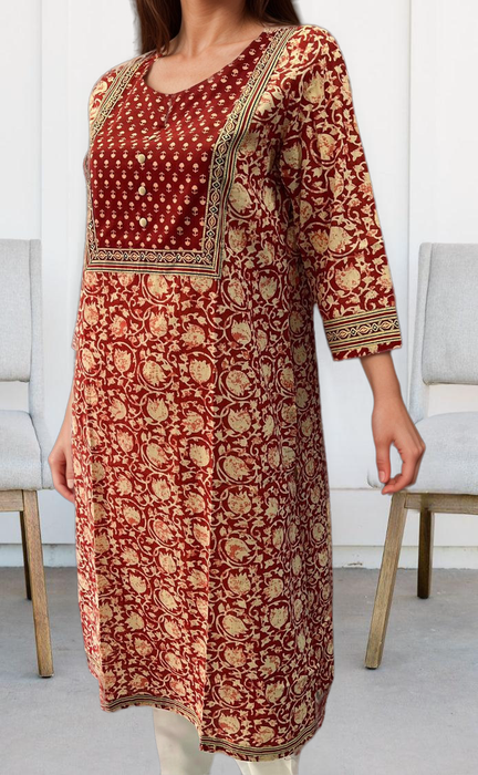 Maroon Floral Jaipuri Cotton Kurti. Pure Versatile Cotton. | Laces and Frills