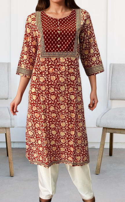 Maroon Floral Jaipuri Cotton Kurti. Pure Versatile Cotton. | Laces and Frills