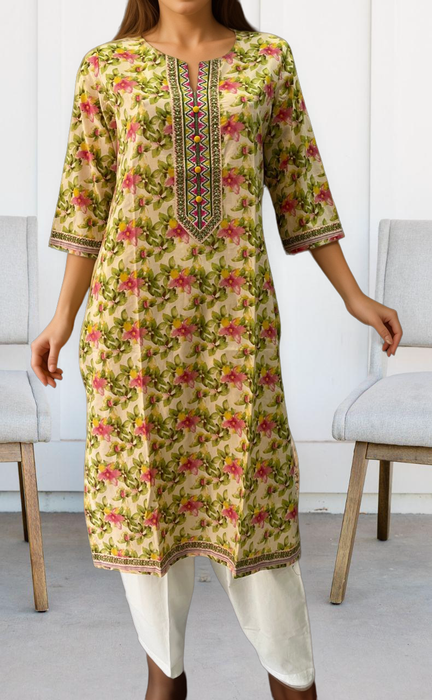 Off White/Green Garden Jaipuri Cotton Kurti. Pure Versatile Cotton. | Laces and Frills