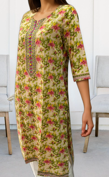 Off White/Green Garden Jaipuri Cotton Kurti. Pure Versatile Cotton. | Laces and Frills