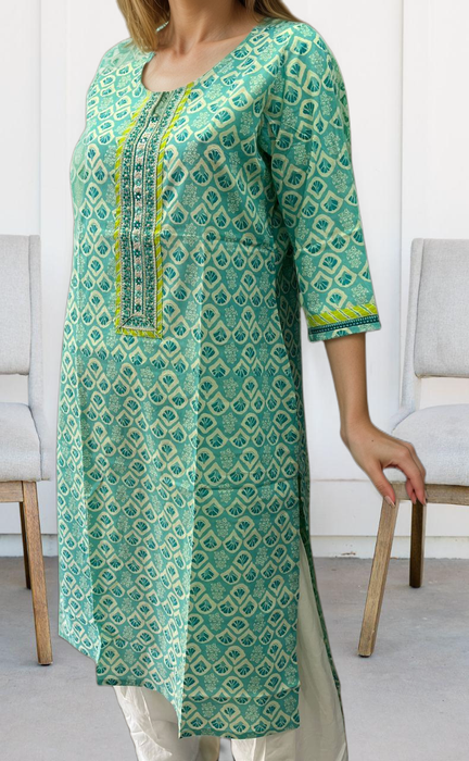 Sea Green Floral Jaipuri Cotton Kurti. Pure Versatile Cotton. | Laces and Frills