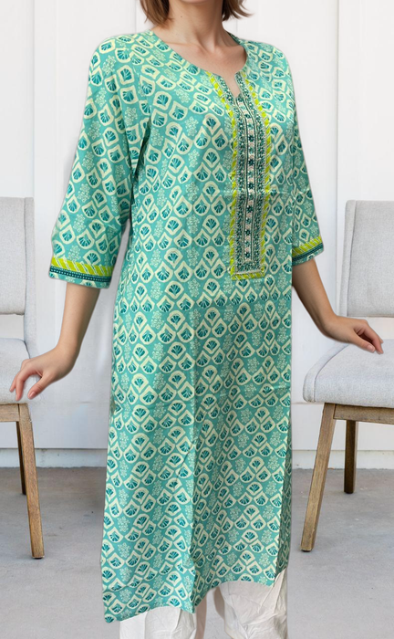 Sea Green Floral Jaipuri Cotton Kurti. Pure Versatile Cotton. | Laces and Frills