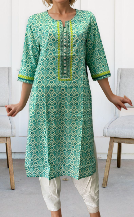 Sea Green Floral Jaipuri Cotton Kurti. Pure Versatile Cotton. | Laces and Frills