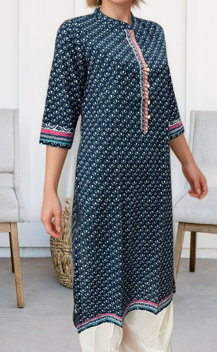 Navy Blue Flora Jaipuri Cotton Kurti. Pure Versatile Cotton. | Laces and Frills