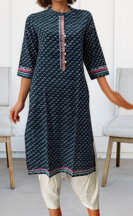 Navy Blue Flora Jaipuri Cotton Kurti. Pure Versatile Cotton. | Laces and Frills