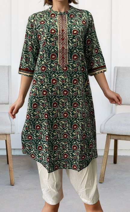 Teal Green/Maroon Batik Jaipuri Cotton Kurti. Pure Versatile Cotton. | Laces and Frills