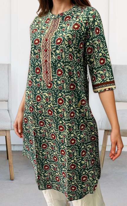 Teal Green/Maroon Batik Jaipuri Cotton Kurti. Pure Versatile Cotton. | Laces and Frills