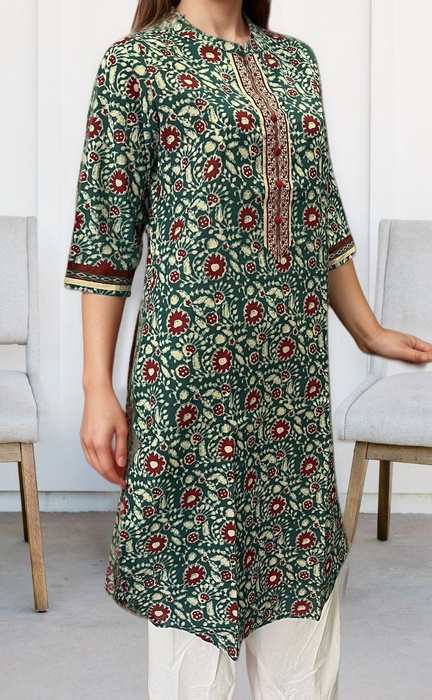 Teal Green/Maroon Batik Jaipuri Cotton Kurti. Pure Versatile Cotton. | Laces and Frills