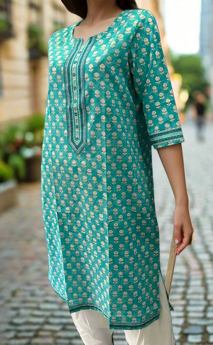 Sky Blue Floral Jaipuri Cotton Kurti. Pure Versatile Cotton. | Laces and Frills