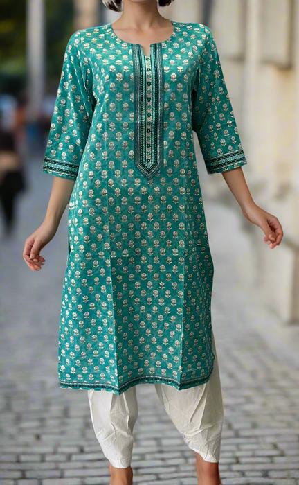 Sky Blue Floral Jaipuri Cotton Kurti. Pure Versatile Cotton. | Laces and Frills