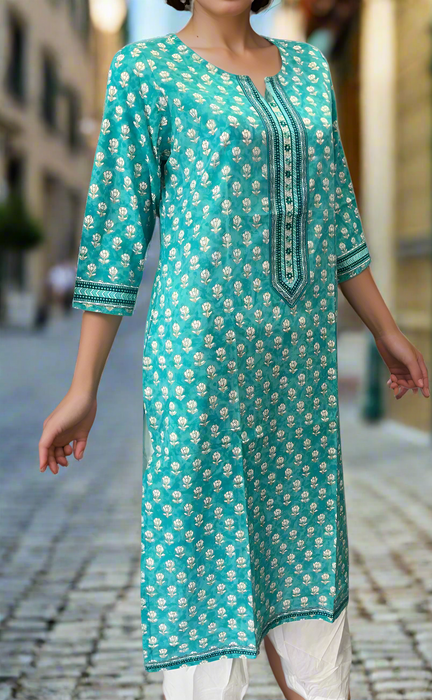 Sky Blue Floral Jaipuri Cotton Kurti. Pure Versatile Cotton. | Laces and Frills